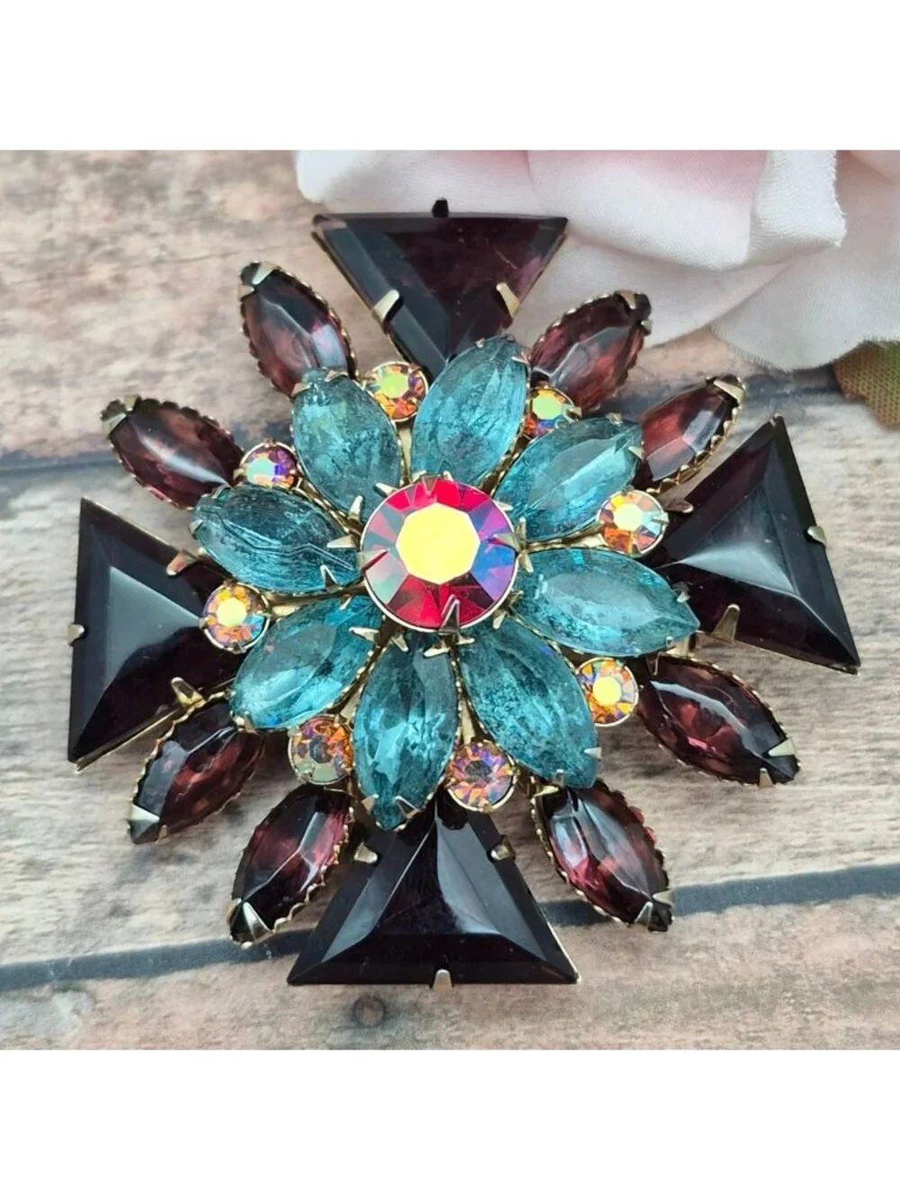 VTG Maltese Cross Rhinestone Brooch Blue Purple AB Rinestone Statement 2.25”